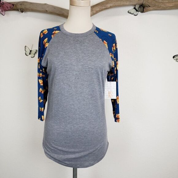 Lularoe Randy gray with blue butterfly sleeves - Picture 1 of 5